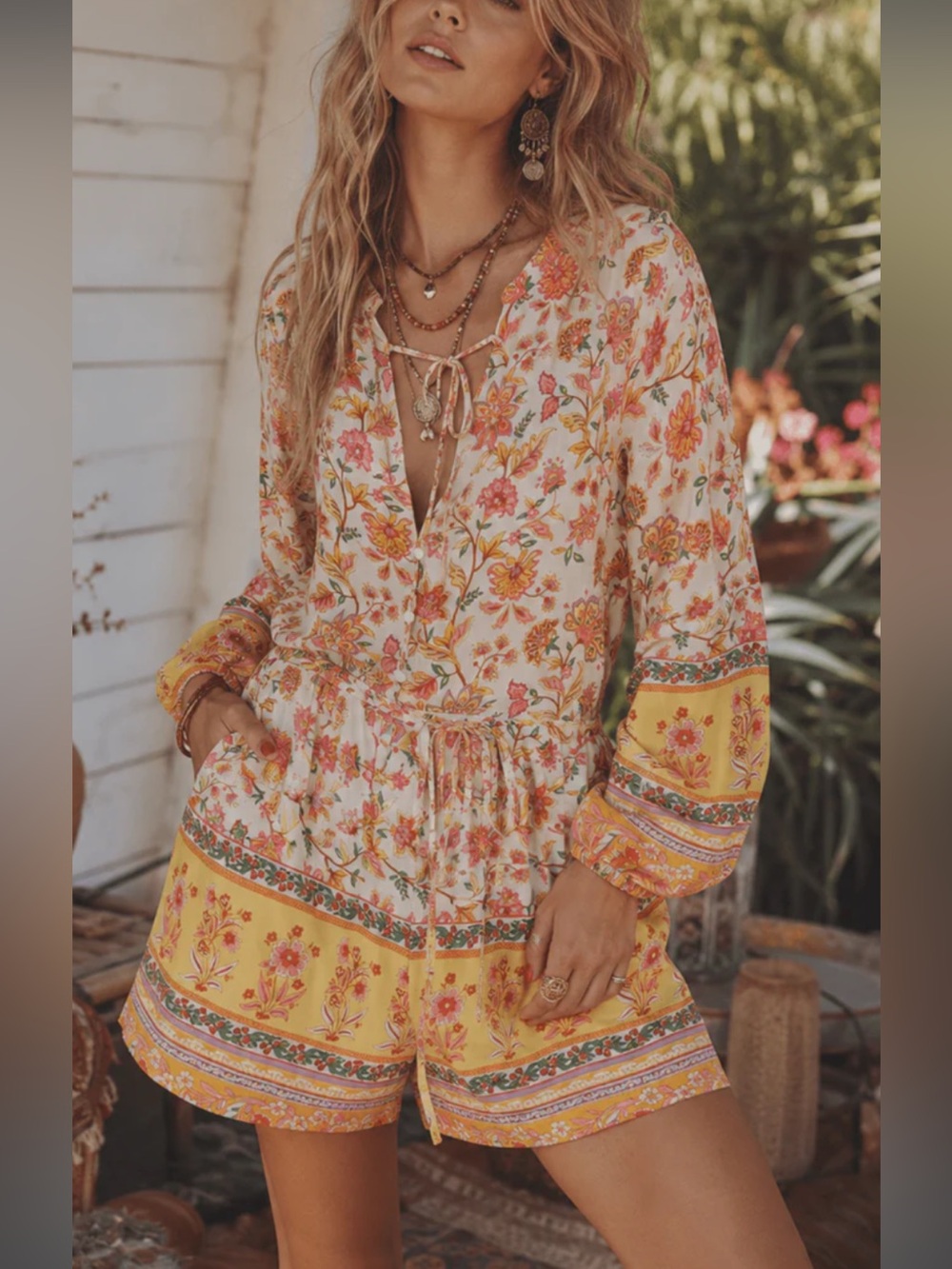 Boho NWT under your spell Floral yellow Boho Tie-Front Romper S-M-L